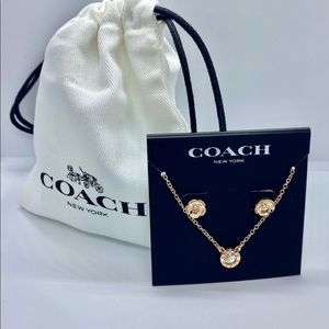 COACH Open Circle Necklace with Tea Rose Stud Set Earrings Set NEW!